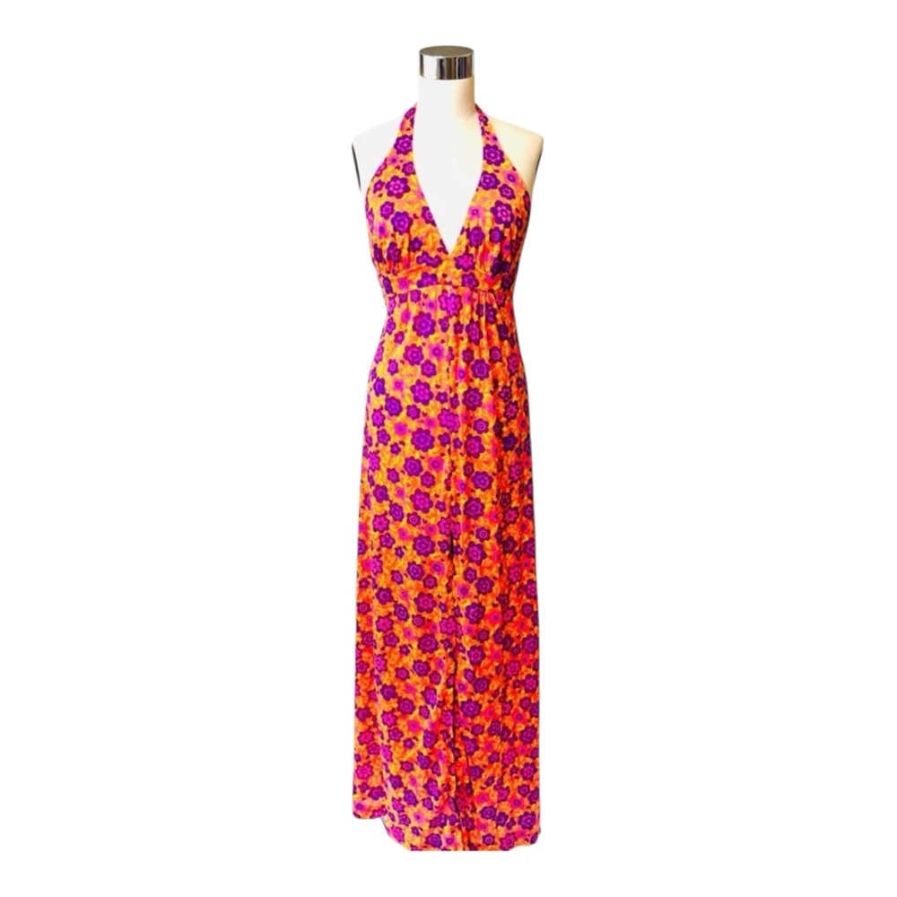 Vintage 60s/70's‎ Psychedelic Floral, Orange and Pink Halter Dress S